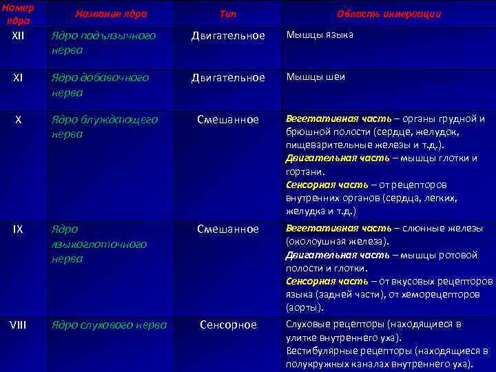 Номер ядра Название ядра Тип Область иннервации XII Ядро подъязычного нерва Двигательное Мышцы языка