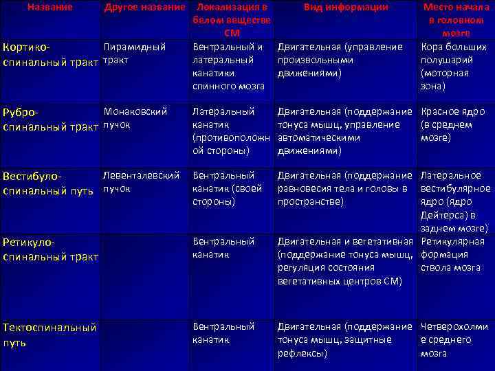 Название Другое название Локализация в Вид информации белом веществе СМ Пирамидный Вентральный и Двигательная