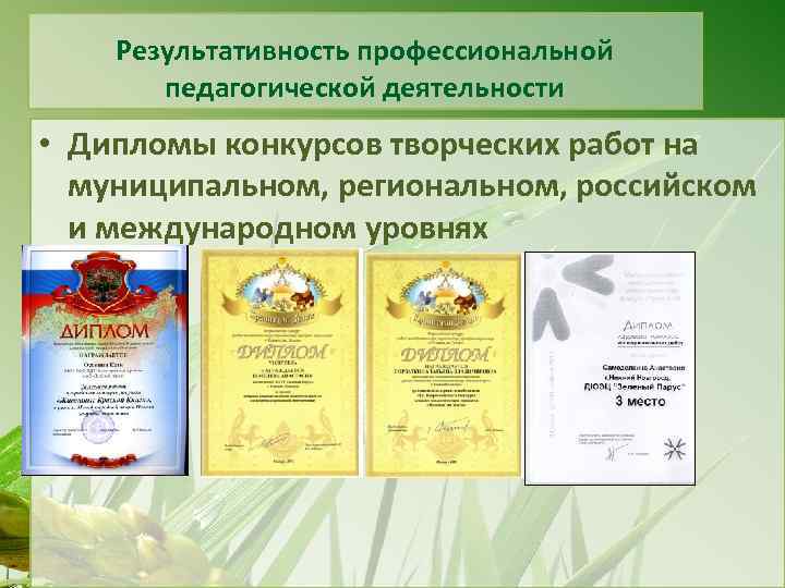 Результативность профессиональной педагогической деятельности • Дипломы конкурсов творческих работ на муниципальном, региональном, российском и