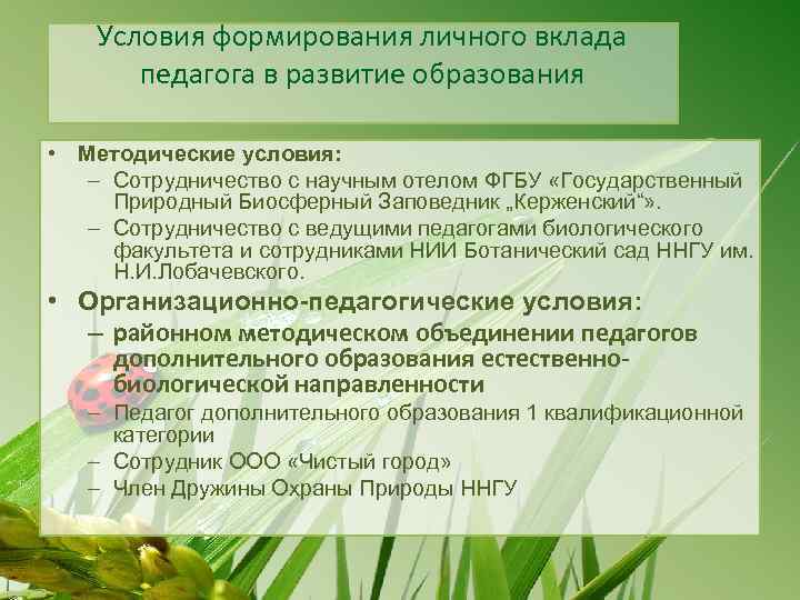 Условия формирования личного вклада педагога в развитие образования • Методические условия: – Сотрудничество с