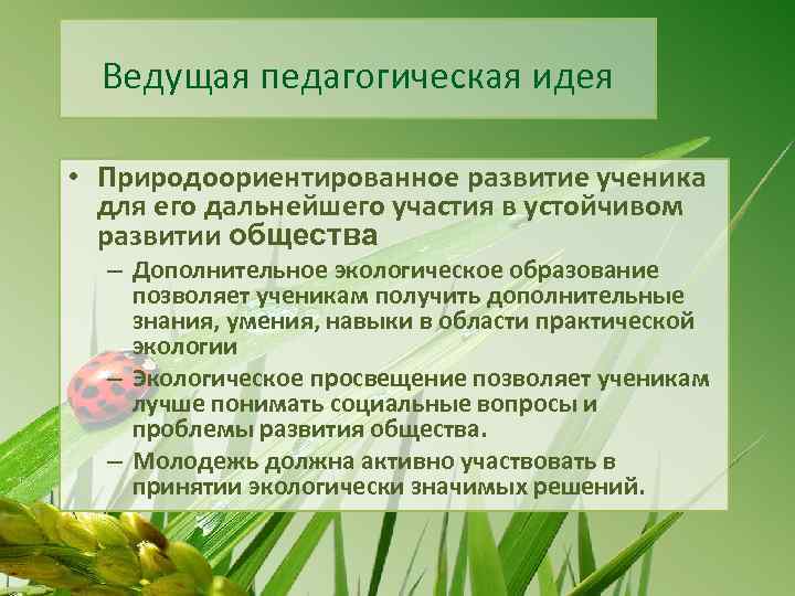 Ведущая педагогическая идея • Природоориентированное развитие ученика для его дальнейшего участия в устойчивом развитии