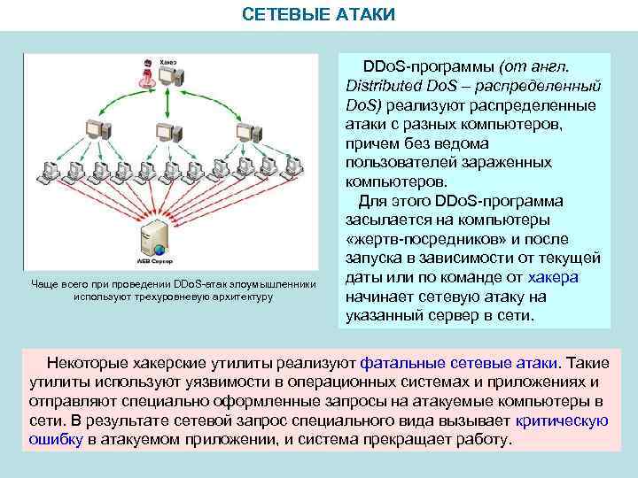 СЕТЕВЫЕ АТАКИ Чаще всего при проведении DDo. S-атак злоумышленники используют трехуровневую архитектуру DDo. S-программы