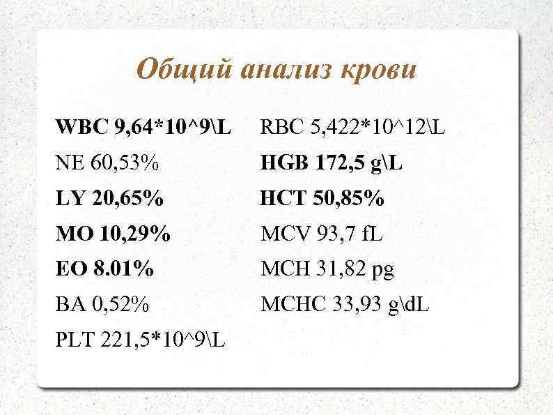 Общий анализ крови WBC 9, 64*10^9L RBC 5, 422*10^12L NE 60, 53% HGB 172,