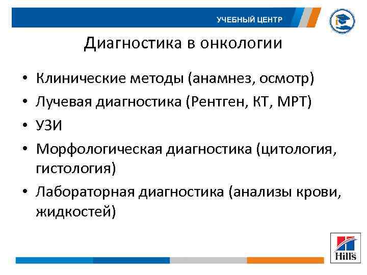 Диагностика в онкологии Клинические методы (анамнез, осмотр) Лучевая диагностика (Рентген, КТ, МРТ) УЗИ Морфологическая