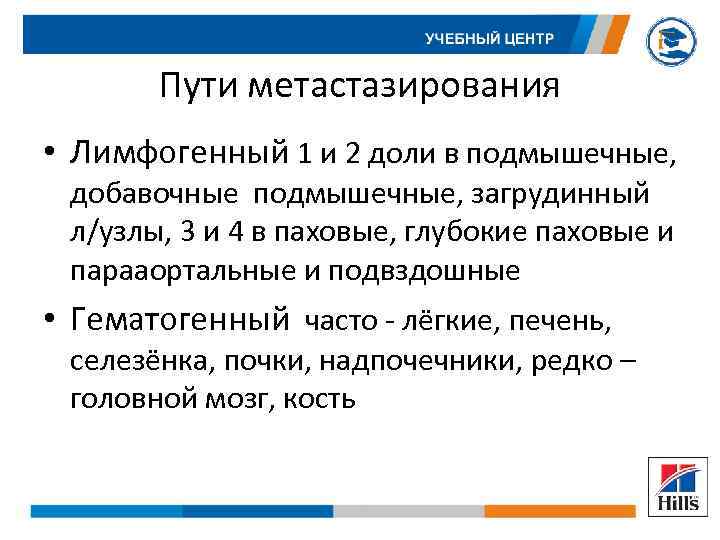 Пути метастазирования • Лимфогенный 1 и 2 доли в подмышечные, добавочные подмышечные, загрудинный л/узлы,