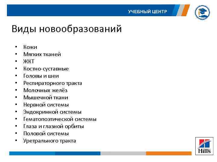 Виды новообразований • • • • Кожи Мягких тканей ЖКТ Костно-суставные Головы и шеи