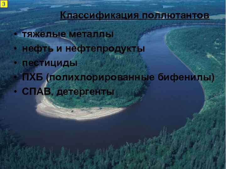 3 Классификация поллютантов • • • тяжелые металлы нефть и нефтепродукты пестициды ПХБ (полихлорированные