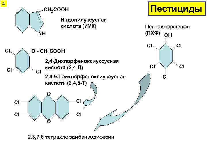 4 Пестициды СН 2 СООН Индолилуксусная кислота (ИУК) NH Cl Cl О - СН