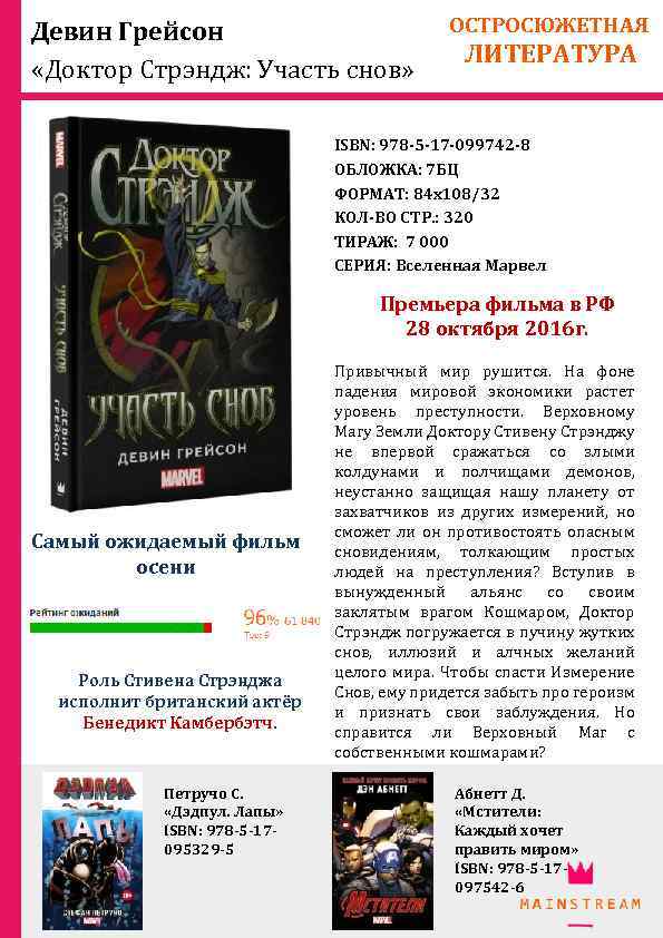 Девин Грейсон «Доктор Стрэндж: Участь снов» ОСТРОСЮЖЕТНАЯ ЛИТЕРАТУРА ISBN: 978 -5 -17 -099742 -8
