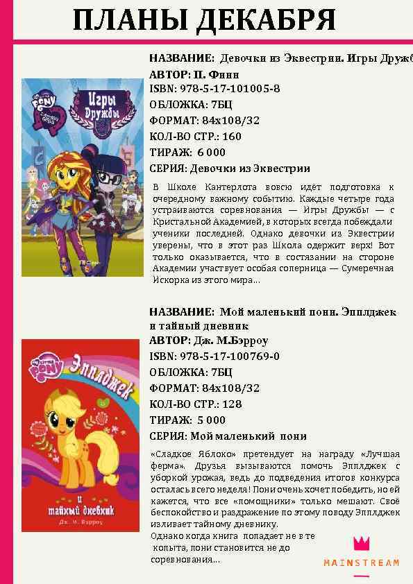 ПЛАНЫ ДЕКАБРЯ НАЗВАНИЕ: Девочки из Эквестрии. Игры Дружб АВТОР: П. Финн ISBN: 978 -5