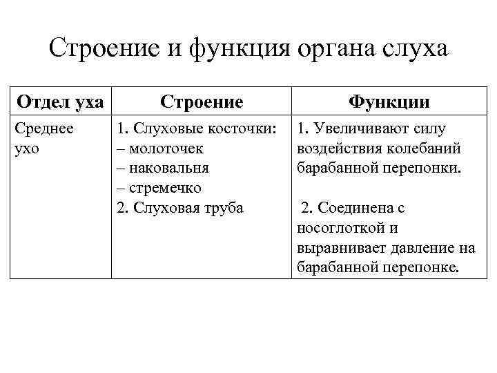 Строение и функция органа слуха Отдел уха Среднее ухо Строение 1. Слуховые косточки: –