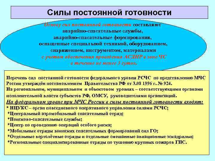 Силы постоянной готовности Основу сил постоянной готовности составляют аварийно-спасательные службы, аварийно-спасательные формирования, оснащенные специальной