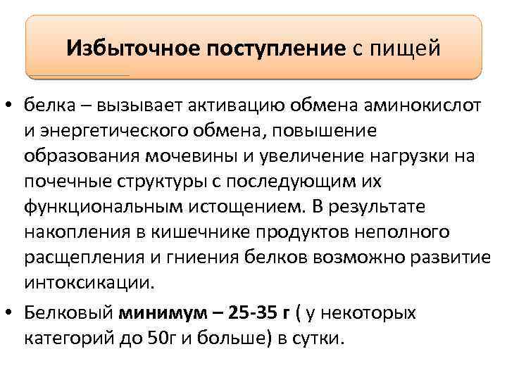 Избыточное поступление с пищей • белка – вызывает активацию обмена аминокислот и энергетического обмена,