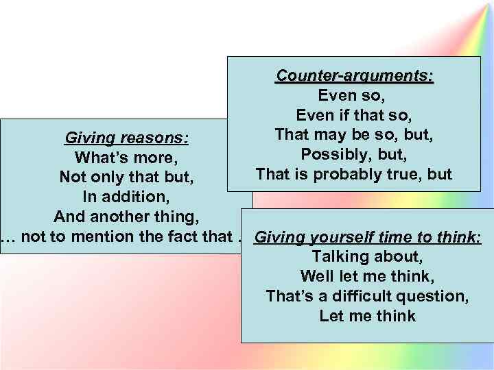 Counter-arguments: Even so, Even if that so, That may be so, but, Possibly, but,