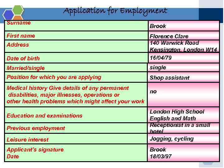 Application for Employment Surname First name Brook Date of birth Florence Clare 140 Warwick