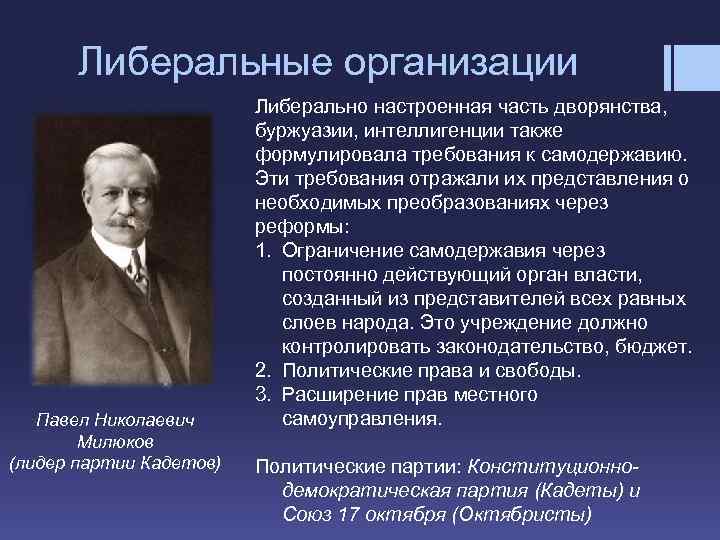 Лидером партии конституционных демократов кадетов был