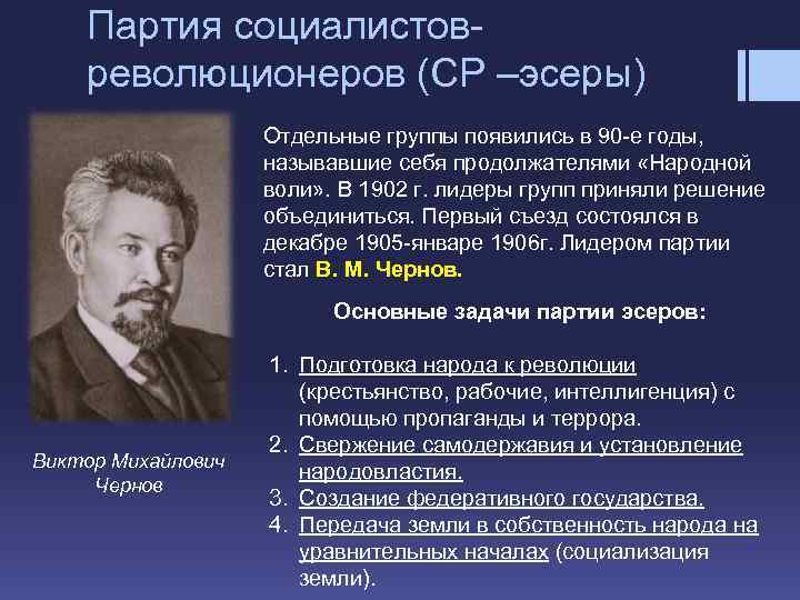 Партия социалистовреволюционеров (СР –эсеры) Отдельные группы появились в 90 -е годы, называвшие себя продолжателями