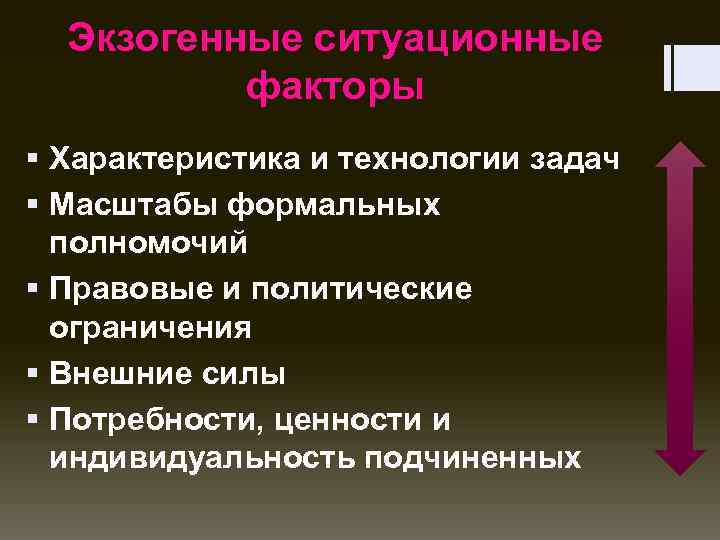 Экзогенные ситуационные факторы § Характеристика и технологии задач § Масштабы формальных полномочий § Правовые