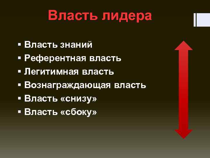 Власть лидера § Власть знаний § Референтная власть § Легитимная власть § Вознаграждающая власть