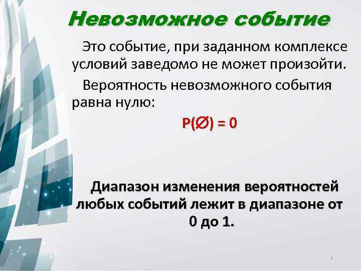 Невозможное событие Это событие, при заданном комплексе условий заведомо не может произойти. Вероятность невозможного