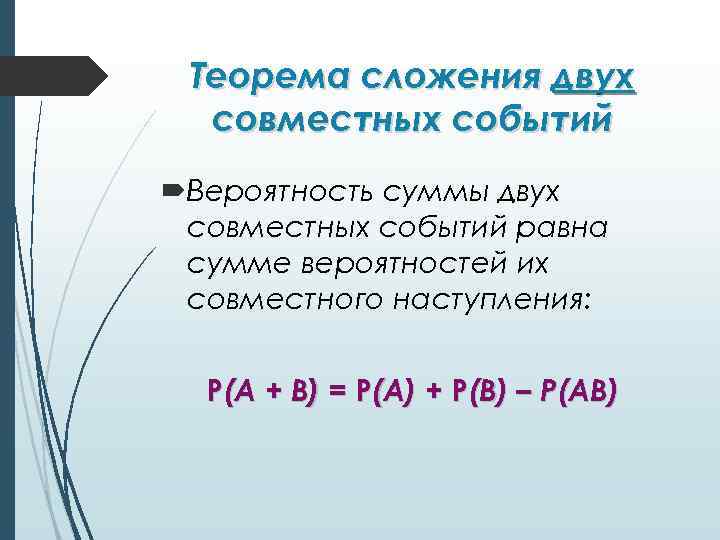 Теорема сложения двух совместных событий Вероятность суммы двух совместных событий равна сумме вероятностей их