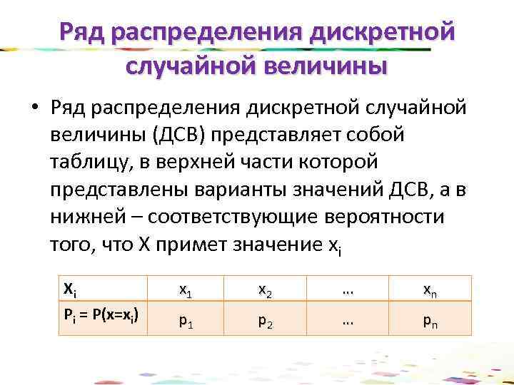 Ряд распределения дискретной случайной величины • Ряд распределения дискретной случайной величины (ДСВ) представляет собой