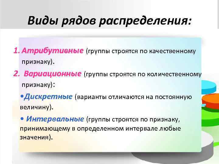 Виды рядов распределения: 1. Атрибутивные (группы строятся по качественному Атрибутивные признаку). 2. Вариационные (группы