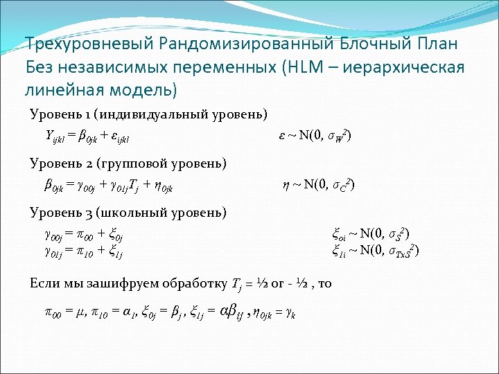 Трехуровневый Рандомизированный Блочный План Без независимых переменных (HLM – иерархическая линейная модель) Уровень 1