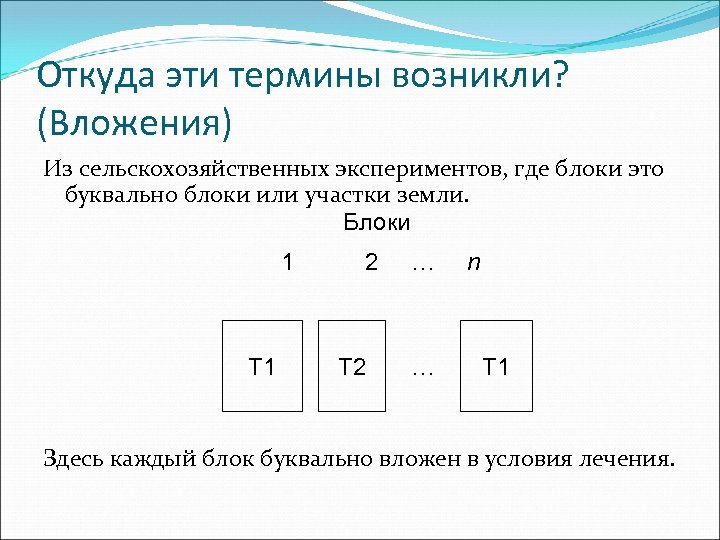 Откуда эти термины возникли? (Вложения) Из сельскохозяйственных экспериментов, где блоки это буквально блоки или