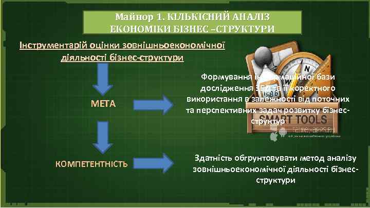 Майнор 1. КІЛЬКІСНИЙ АНАЛІЗ ЕКОНОМІКИ БІЗНЕС –СТРУКТУРИ Інструментарій оцінки зовнішньоекономічної діяльності бізнес-структури МЕТА КОМПЕТЕНТНІСТЬ