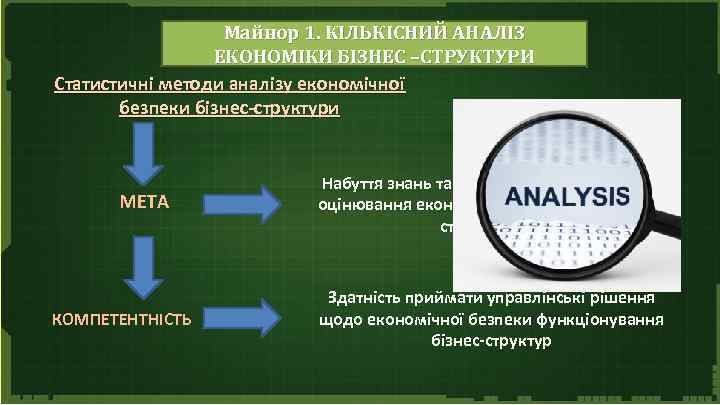 Майнор 1. КІЛЬКІСНИЙ АНАЛІЗ ЕКОНОМІКИ БІЗНЕС –СТРУКТУРИ Статистичні методи аналізу економічної безпеки бізнес-структури МЕТА