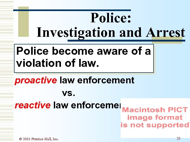 Police: Investigation and Arrest Police become aware of a violation of law. proactive law
