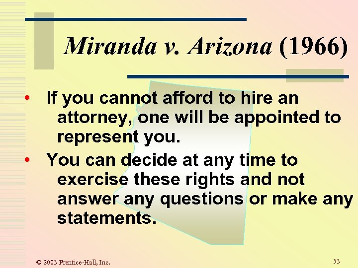 Miranda v. Arizona (1966) • If you cannot afford to hire an attorney, one