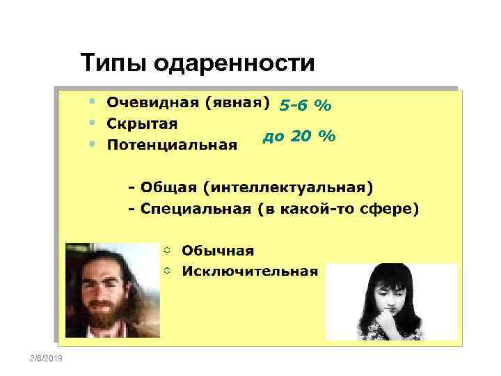 Типы одаренности 5 -6 % до 20 % 2/6/2018 