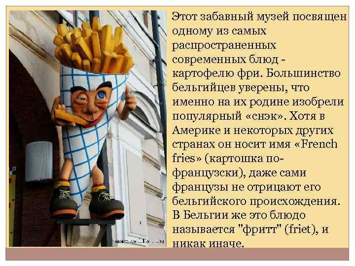 Этот забавный музей посвящен одному из самых распространенных современных блюд - картофелю фри. Большинство