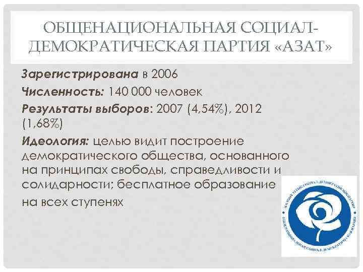 ОБЩЕНАЦИОНАЛЬНАЯ СОЦИАЛДЕМОКРАТИЧЕСКАЯ ПАРТИЯ «АЗАТ» Зарегистрирована в 2006 Численность: 140 000 человек Результаты выборов: 2007