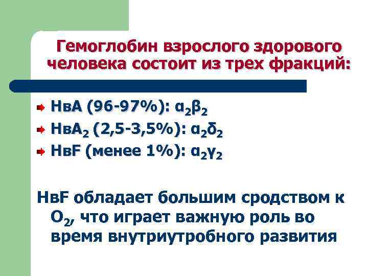Гемоглобин взрослого здорового человека состоит из трех фракций: Нв. А (96 -97%): α 2β