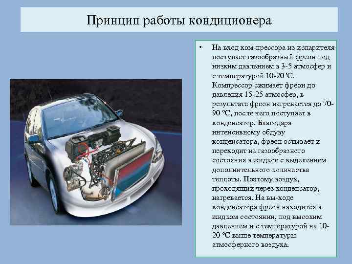 Принцип работы кондиционера • На вход ком прессора из испарителя поступает газообразный фреон под