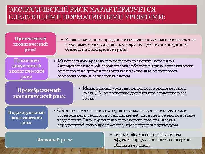 ЭКОЛОГИЧЕСКИЙ РИСК ХАРАКТЕРИЗУЕТСЯ СЛЕДУЮЩИМИ НОРМАТИВНЫМИ УРОВНЯМИ: Приемлемый экологический риск Предельно допустимый экологический риск •