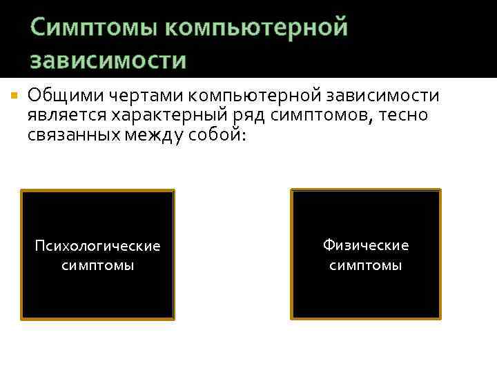 Симптомы компьютерной зависимости Общими чертами компьютерной зависимости является характерный ряд симптомов, тесно связанных между