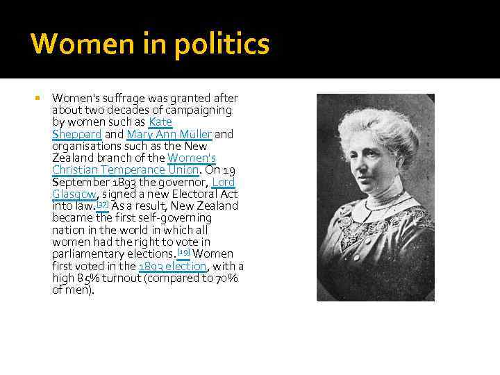 Women in politics Women's suffrage was granted after about two decades of campaigning by