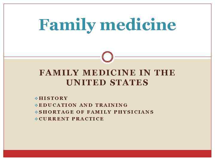 Family medicine FAMILY MEDICINE IN THE UNITED STATES v. HISTORY v. EDUCATION AND TRAINING