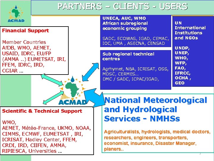 PARTNERS – CLIENTS - USERS Financial Support Member Countries Af. DB, WMO, AEMET, USAID,