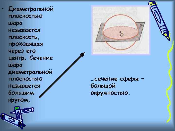  • Диаметральной плоскостью шара называется плоскость, проходящая через его центр. Сечение шара диаметральной