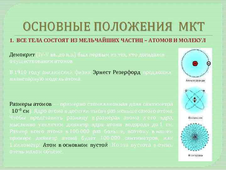 ОСНОВНЫЕ ПОЛОЖЕНИЯ МКТ 1. ВСЕ ТЕЛА СОСТОЯТ ИЗ МЕЛЬЧАЙШИХ ЧАСТИЦ – АТОМОВ И МОЛЕКУЛ