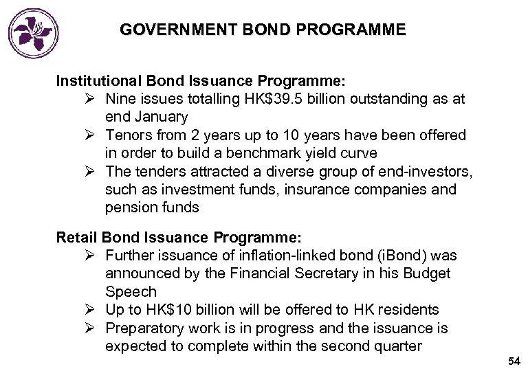 GOVERNMENT BOND PROGRAMME Institutional Bond Issuance Programme: Ø Nine issues totalling HK$39. 5 billion