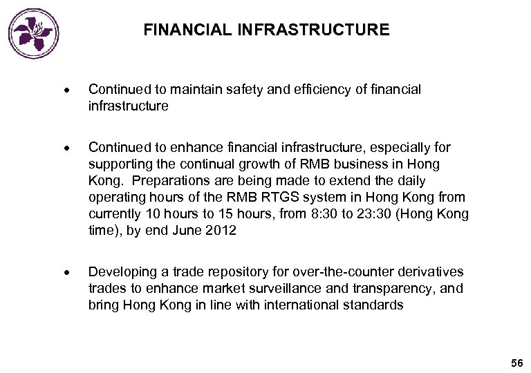 FINANCIAL INFRASTRUCTURE Continued to maintain safety and efficiency of financial infrastructure Continued to enhance