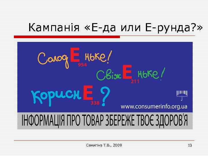 Кампанія «Е-да или Е-рунда? » Семигіна Т. В. , 2009 13 