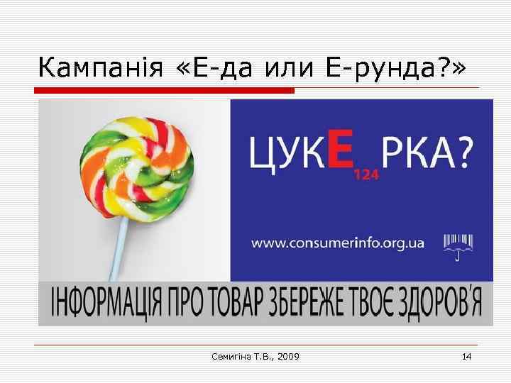 Кампанія «Е-да или Е-рунда? » Семигіна Т. В. , 2009 14 
