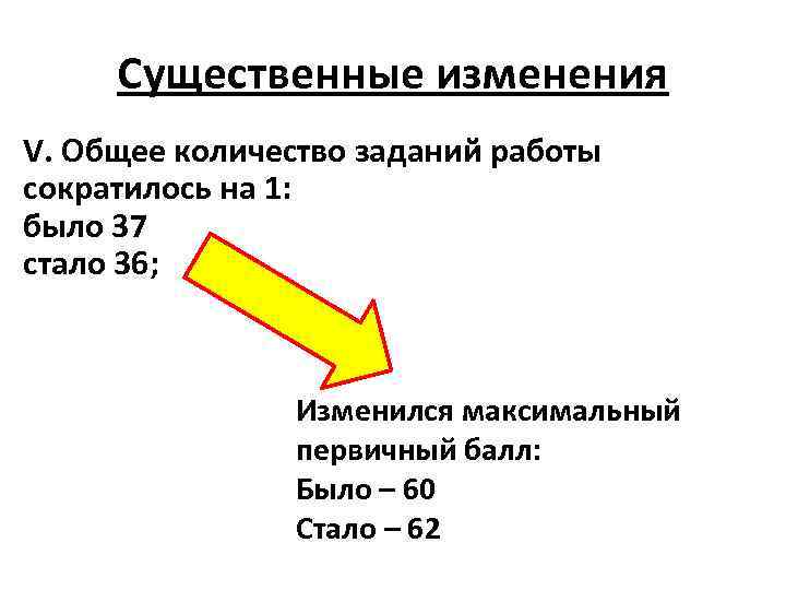 Существенные изменения V. Общее количество заданий работы сократилось на 1: было 37 стало 36;